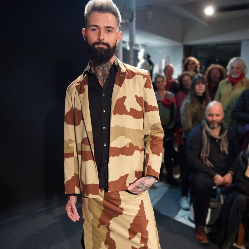 mao collar jacket with army twill