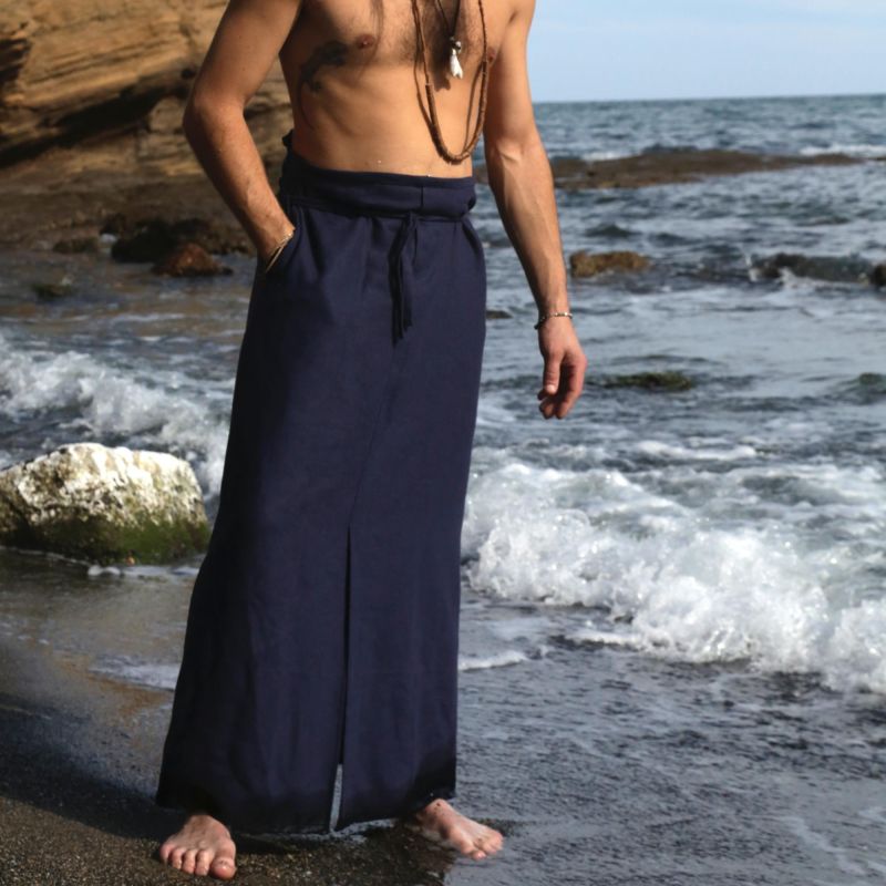 hakama bleu d'été dos croisé séchage rapide